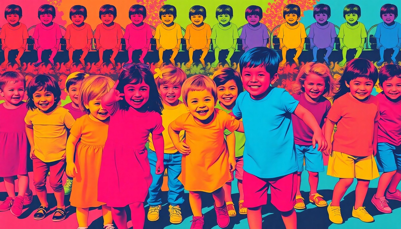 A vibrant, silkscreen-style illustration depicting a group of children playing on a playground, rendered in a bold, neon color palette that captures the celebratory spirit of the event.