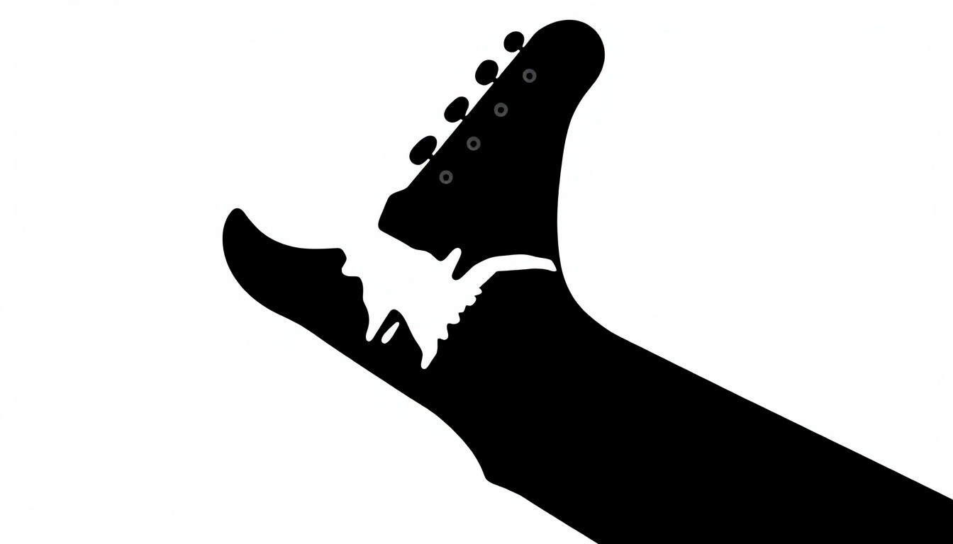 A stark, abstract black silhouette of a guitar neck and strings, conveying the fractured relationships and creative tensions within a music group.