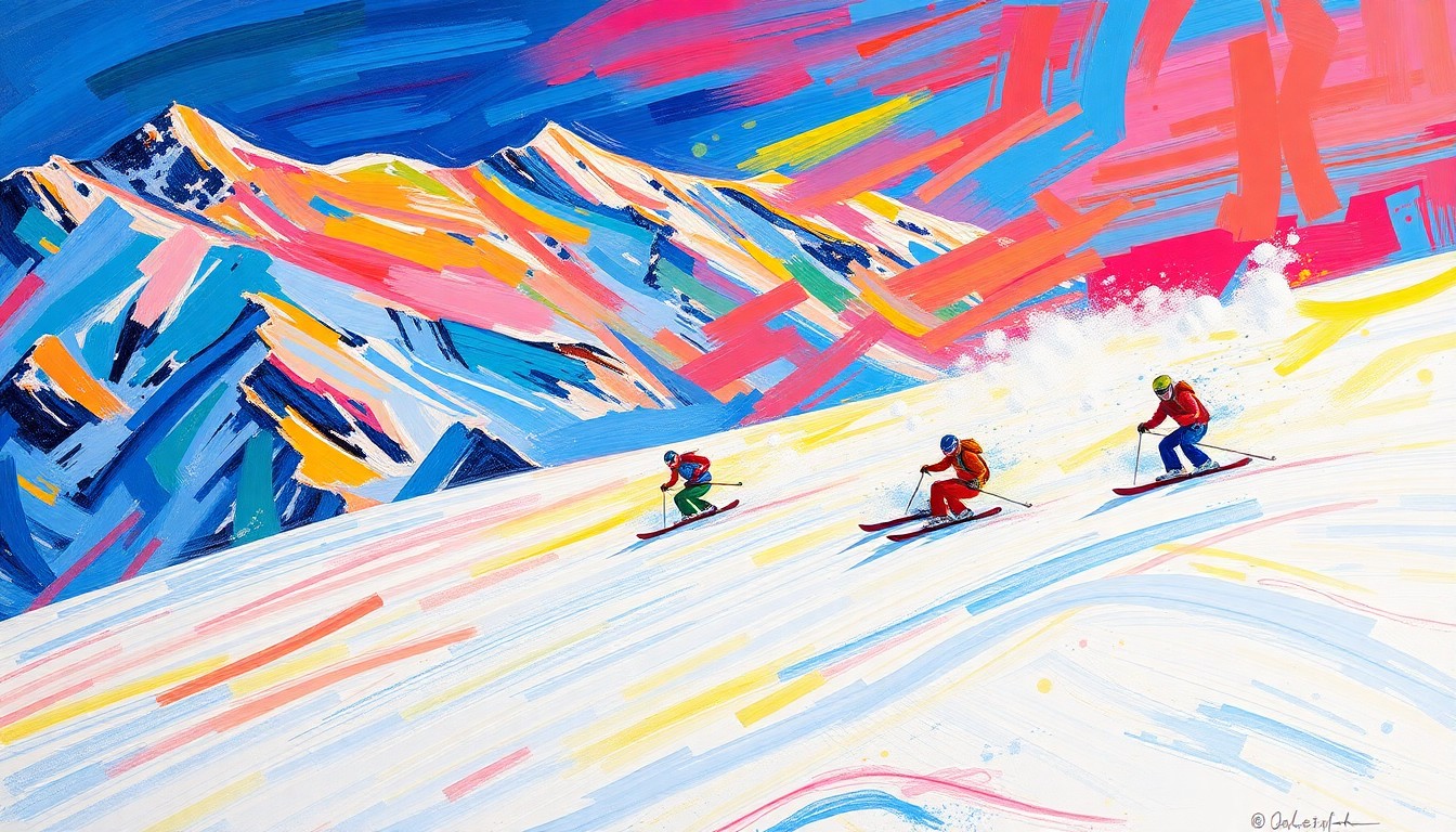 An abstract, energetic painting in neon colors depicting the fluid motion of skiers on a snowy mountain, conceptually representing the resilience of a ski resort that thrives without artificial snowmaking.