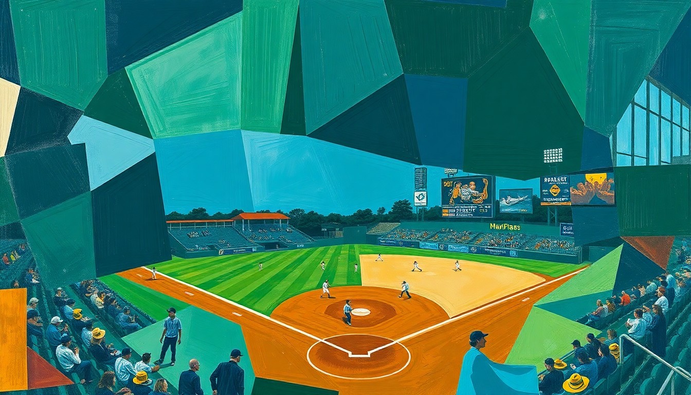 A cubist, geometric painting depicting a high school baseball game, with the players and field broken down into sharp, overlapping planes of color, capturing the dynamic energy and transition of a new generation of athletes.