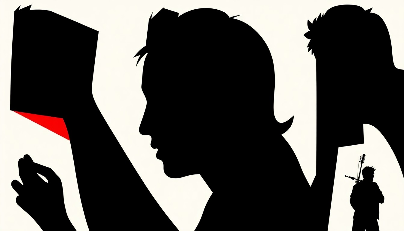 A bold, abstract composition of jagged black silhouettes and high-contrast solid colors, conceptually representing the complex relationship between musical inspiration and imitation.