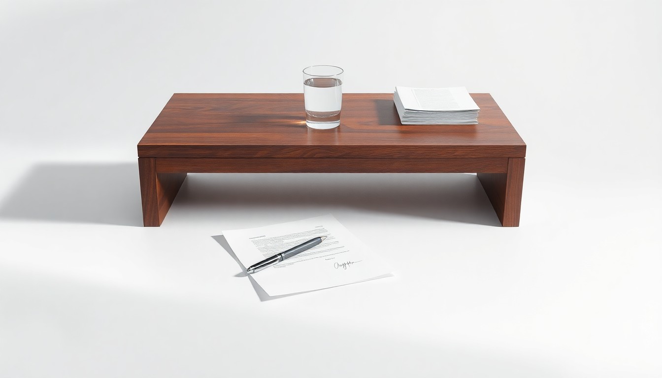 A photorealistic studio still life featuring a polished wooden table with a simple place setting, conceptually representing the abstract ideas of corporate philanthropy, charitable giving, and multigenerational collaboration.