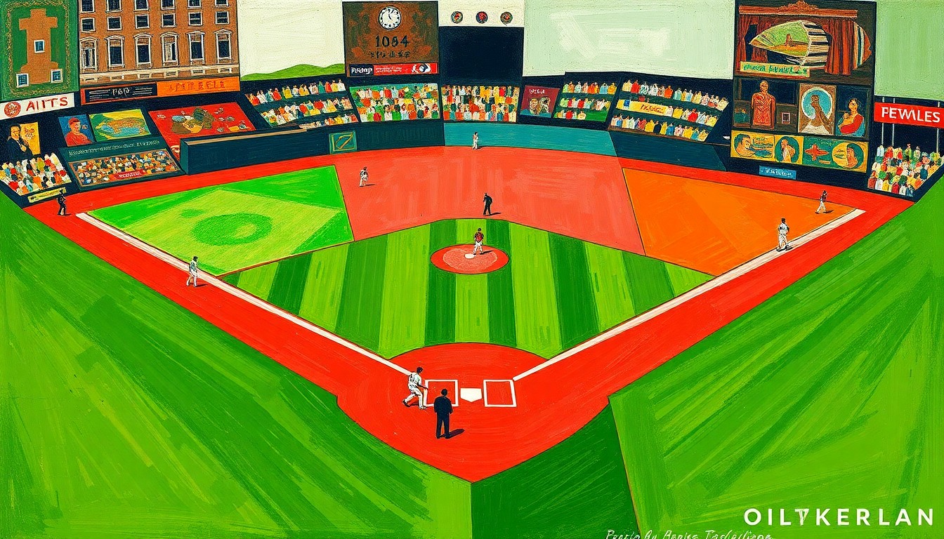 A cubist-style painting featuring sharp, overlapping geometric shapes in shades of green, red, and black, representing the fragmented action and energy of a baseball game.