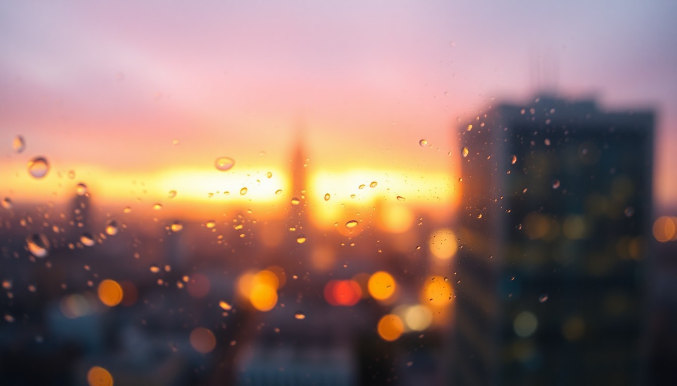 An abstract, impressionistic scene of a blurred cityscape, with warm hues of amber, peach, and lavender creating a sense of atmospheric energy and anticipation.