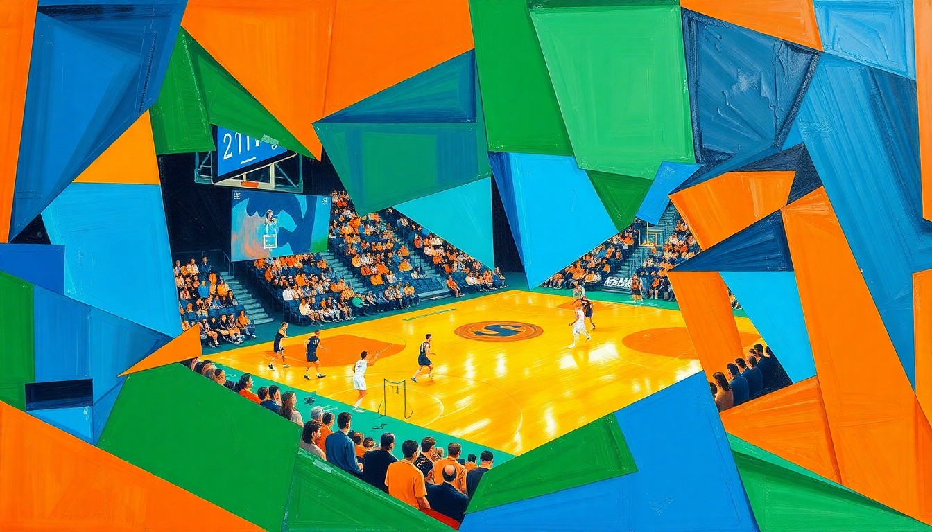 A fragmented, geometric painting depicting the chaotic action and competing perspectives of a college basketball game, with sharp planes of vibrant blue, orange, and green hues.