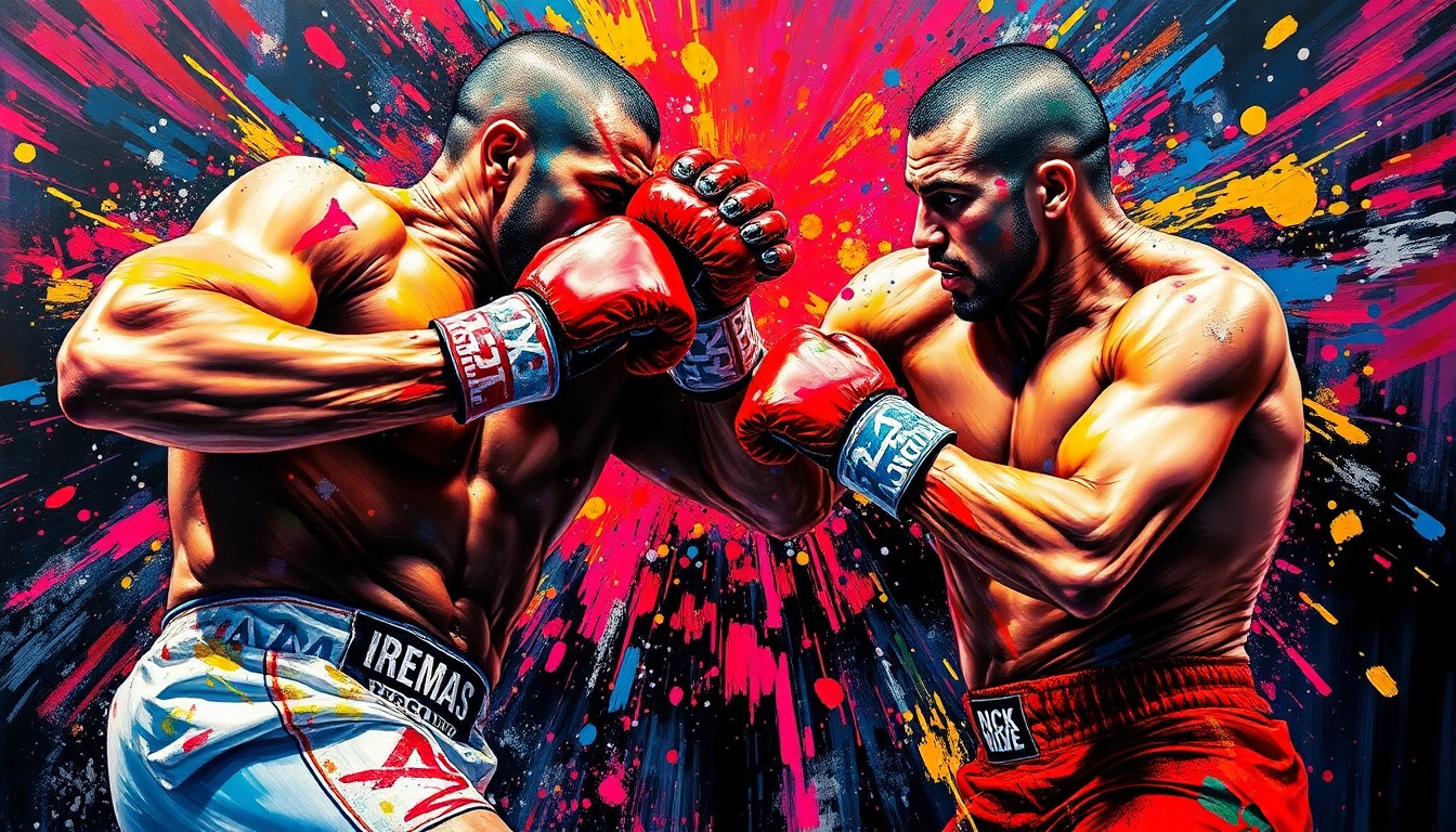 An extreme close-up of two MMA fighters' bodies colliding in a blur of neon paint splatters, conveying the raw power and brutality of a knockout finish.