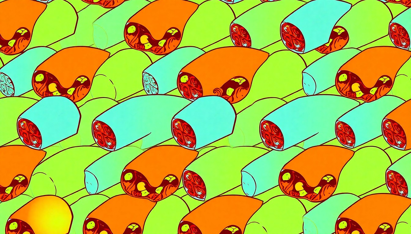 A vibrant, silkscreen-style illustration featuring a repeating pattern of a single, iconic burrito in bright, neon colors, conceptually representing the excitement and energy of a free food promotion.