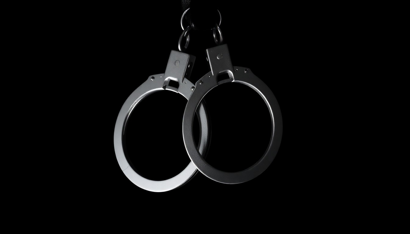 An extreme close-up of a pair of metal handcuffs against a stark black background, conceptually representing the consequences faced by a school worker convicted of sexually assaulting a child.