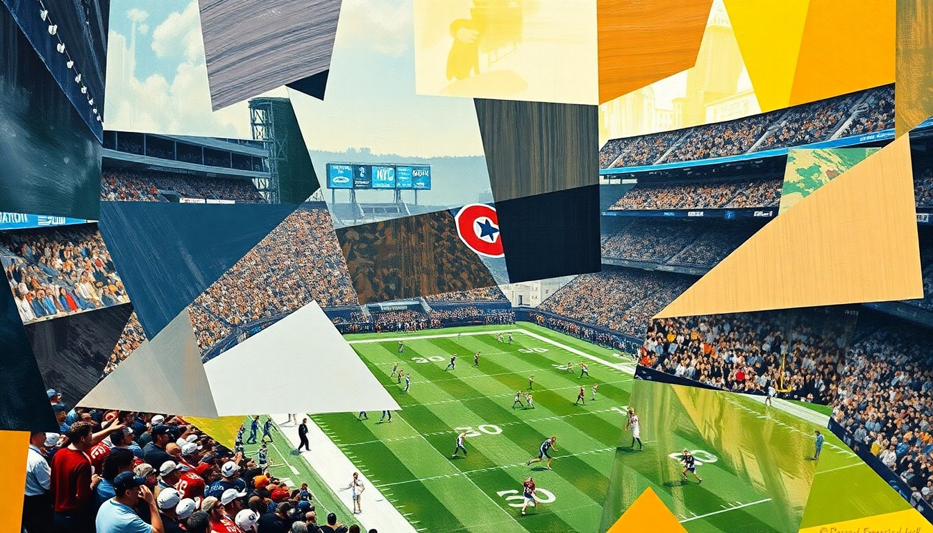 A cubist, geometric painting depicting fragmented football players and NFL Draft imagery, conveying the complex decisions facing the Cleveland Browns this offseason.