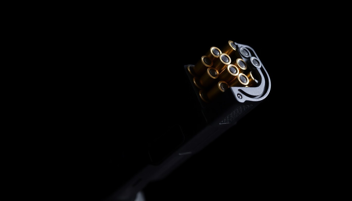 An extreme close-up of a handgun magazine loaded with ammunition, reflecting a harsh, direct flash of light against a dark background, conceptually illustrating the threat of firearms in domestic violence situations.