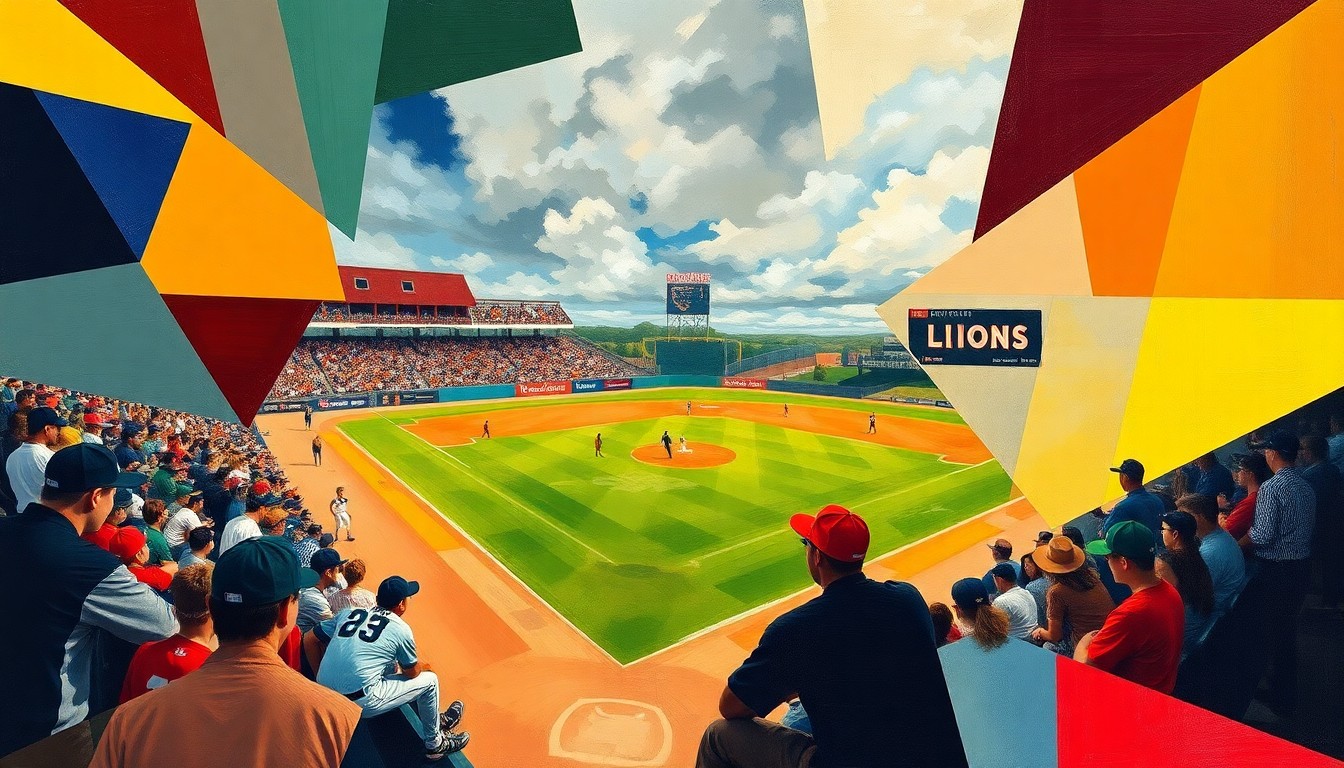 A fractured, geometric painting depicting a high school baseball game, with sharp planes of color representing the opposing teams and the dynamic action on the field.