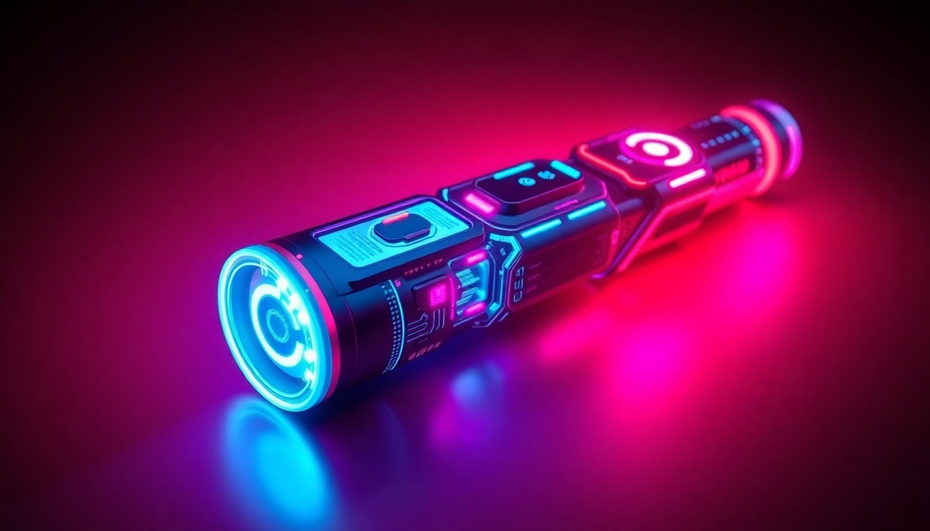 A highly detailed, glowing 3D illustration of a futuristic smart wand device with intricate circuitry and neon cyan and magenta lights, conceptually representing the interactive Harry Potter-themed technology featured on the Tech Byte program.