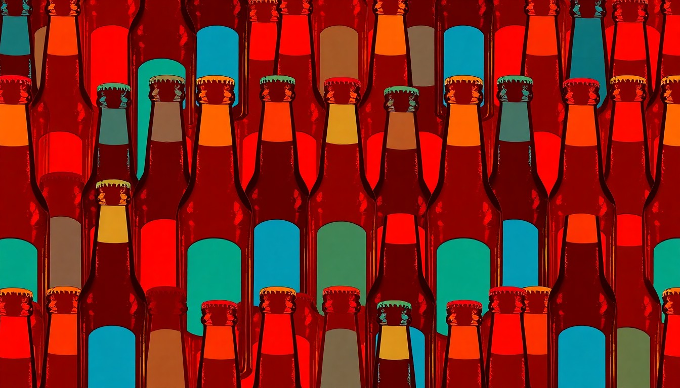 A brightly colored, high-contrast silkscreen print of a single, iconic beer bottle or glass repeated in a tight grid pattern, conceptually representing the modern pop art aesthetic of the new generation of non-alcoholic and low-alcohol beers.