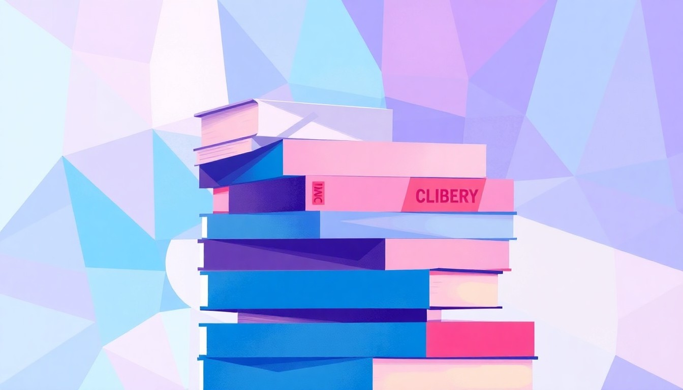 A dynamic, abstract painting composed of overlapping, geometric shapes in shades of blue, purple, and pink, conceptually representing the political tensions surrounding LGBTQ+ content in public libraries.