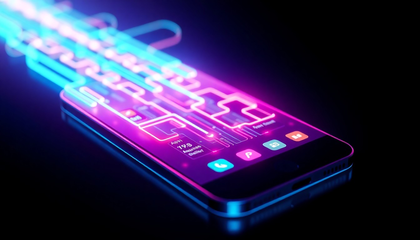 A highly detailed, glowing 3D illustration of a mobile device emitting neon cyan and magenta lights, conceptually representing the digital infrastructure and data flows of Chinese-developed apps.