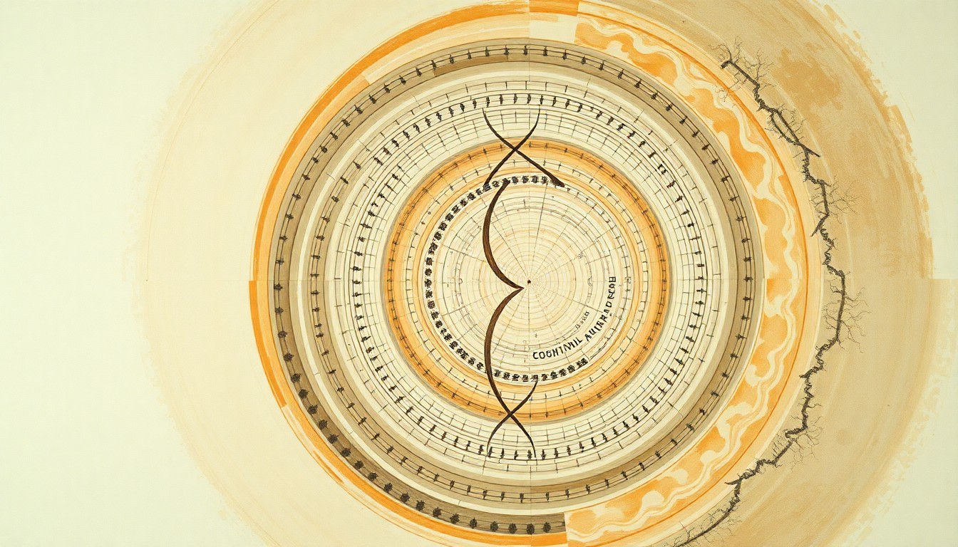 A highly structured abstract painting in muted earth tones, featuring sweeping geometric arcs, concentric circles, and precise botanical spirals, conceptually representing the complex biological forces that give rise to the albino deer's unique genetic makeup.