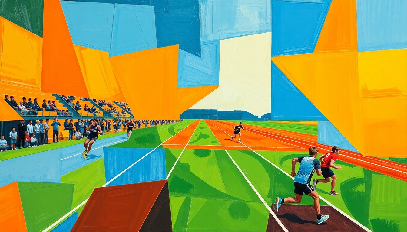 A fragmented, geometric painting in bold colors depicting the dynamic action of a track and field competition.