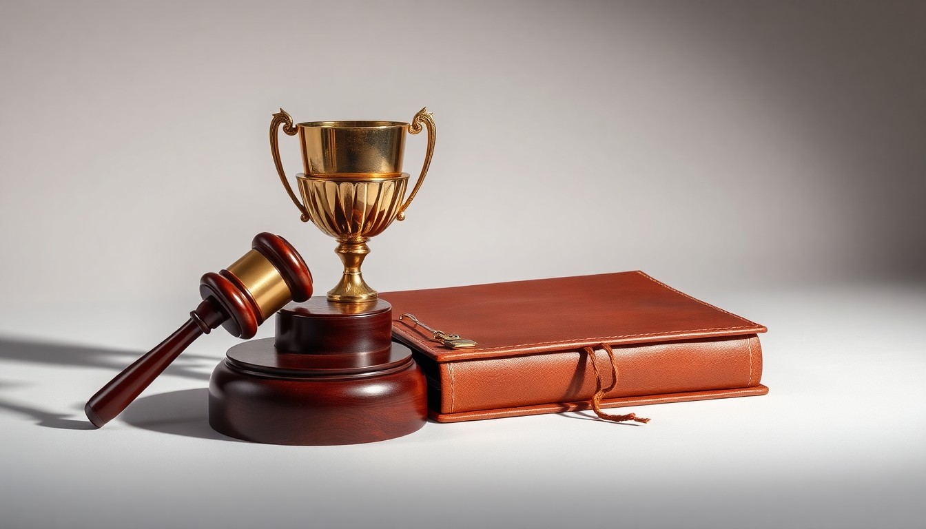 A high-end, photorealistic studio still-life photograph featuring a polished wooden gavel, a gold-plated trophy, and a leather-bound ledger book arranged elegantly on a clean, monochromatic background, conceptually representing the prestige and influence of the Brownwood Chamber of Commerce's annual awards ceremony.