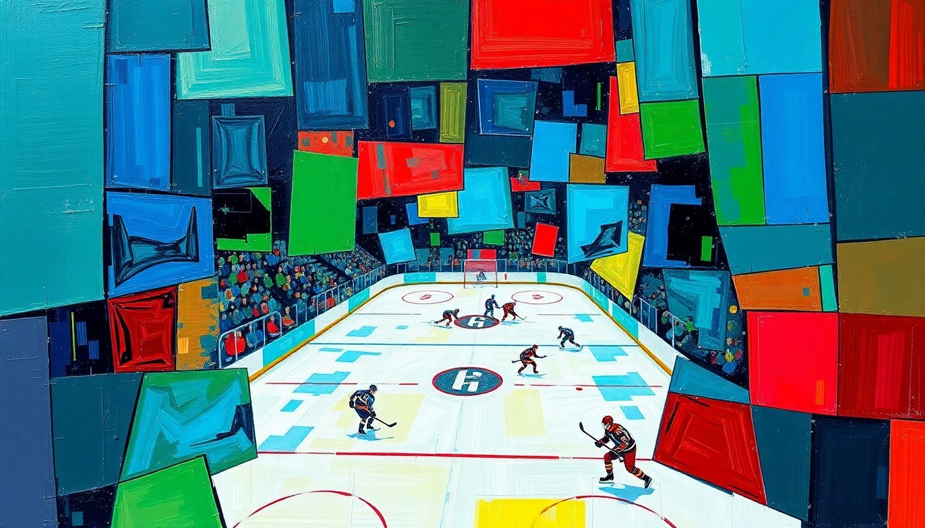 A fragmented, geometric painting in bold colors depicting the chaotic action of a hockey game, with players and the puck represented as abstract shapes and planes.