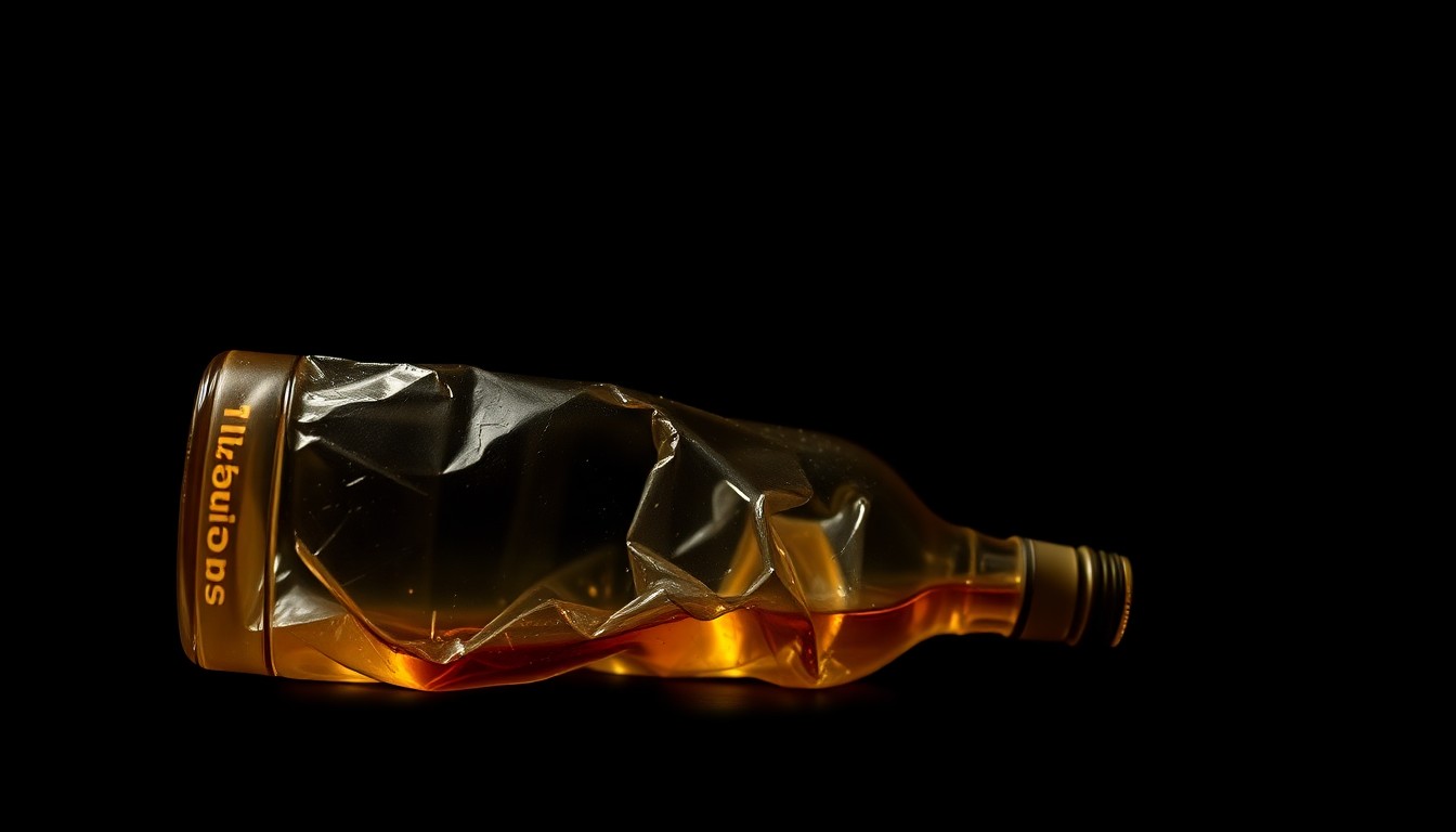 An extreme close-up photograph of a crumpled, discarded liquor bottle against a pitch-black background, lit by a harsh, direct camera flash, conceptually representing the public safety challenges faced by the East Lansdowne community.