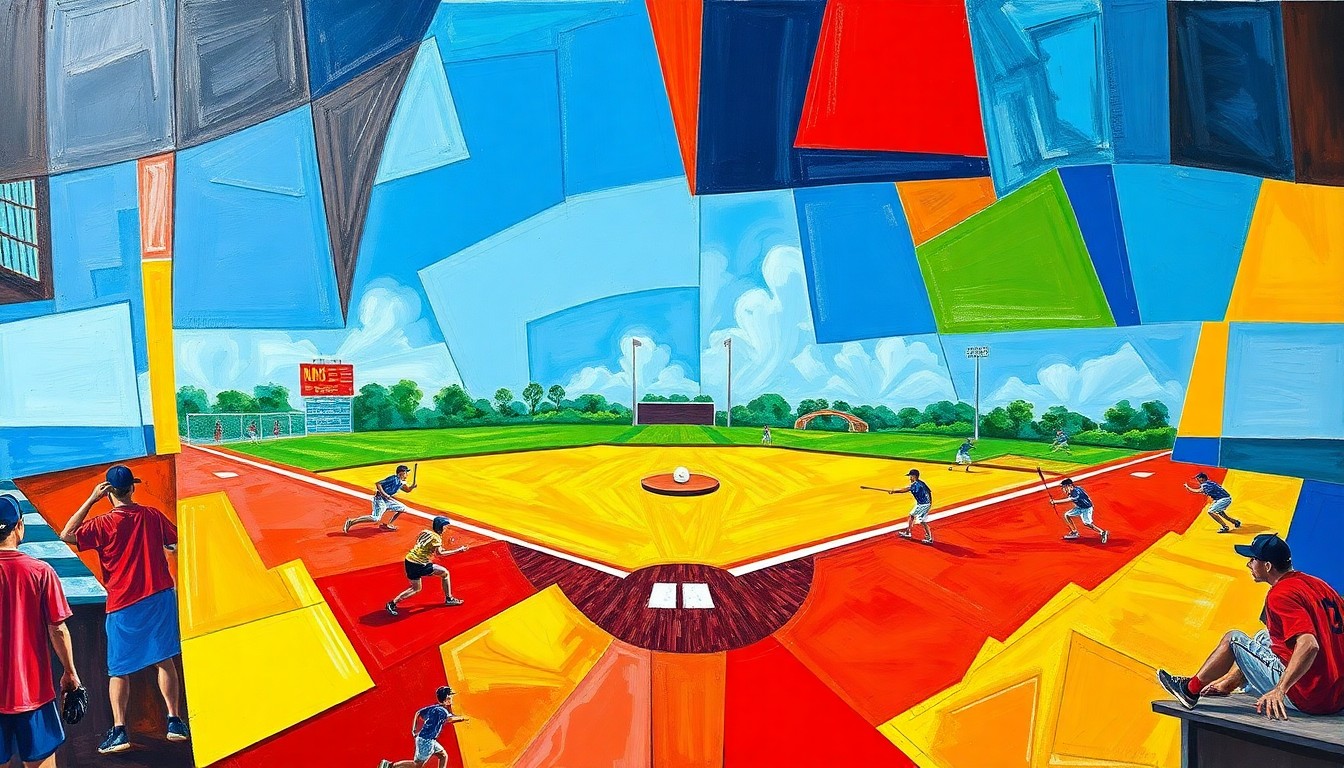 A cubist-style painting featuring sharp, overlapping geometric shapes in bright blue, red, and yellow hues, conceptually representing the action and movement of a high school softball game.
