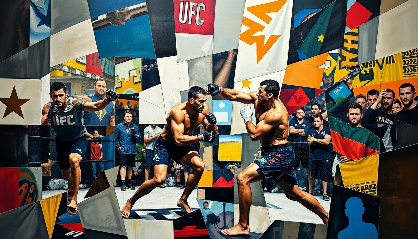 A fragmented, geometric painting depicting the dynamic movements and collisions of two UFC fighters engaged in a match, with their forms broken down into sharp, overlapping planes of color and shape.