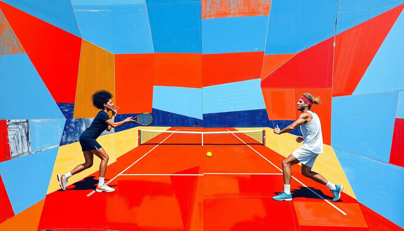 A fractured, cubist-style painting depicting a tennis court scene with the forms of Iga Swiatek and Rafael Nadal broken down into sharp, overlapping geometric planes in a vibrant color palette, capturing the raw energy and movement of the sport.