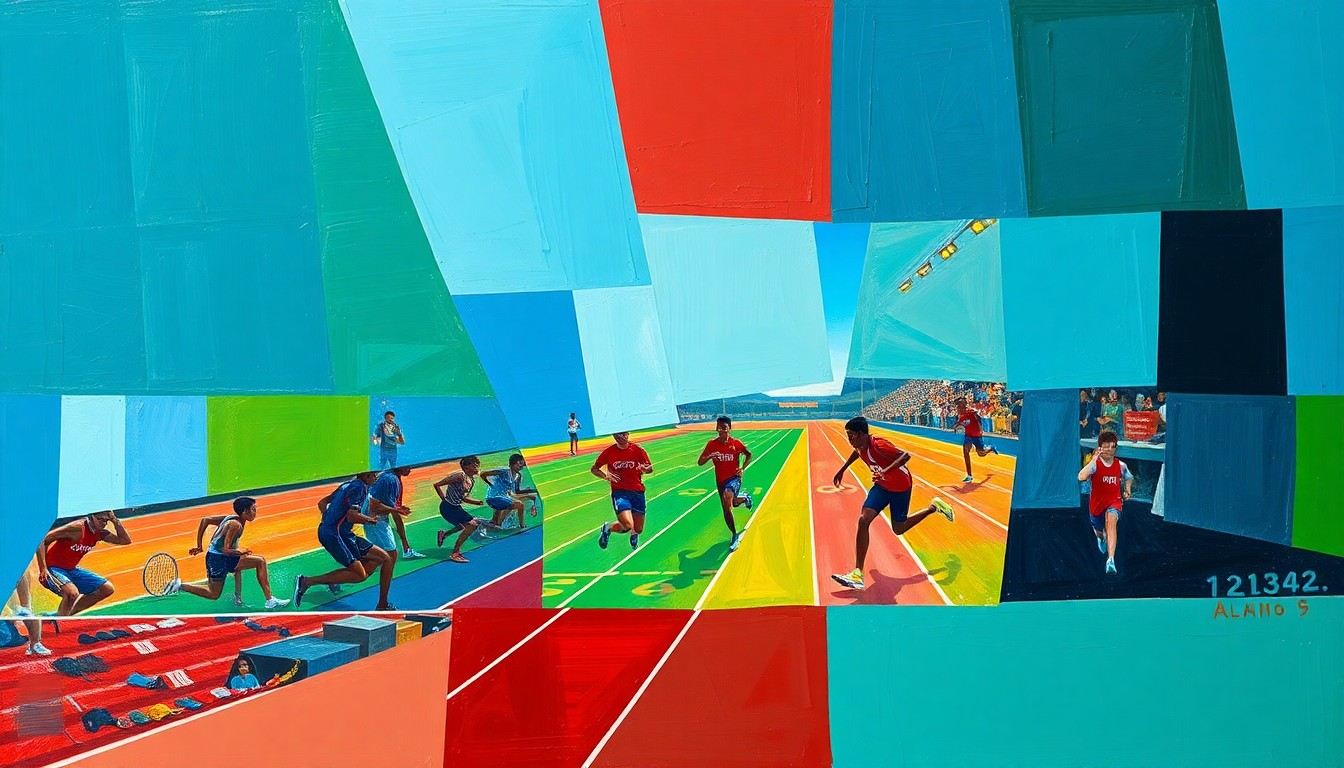 A cubist-style painting featuring overlapping geometric shapes and planes in shades of blue, green, and red, conceptually representing the motion and energy of a high school track and field competition.