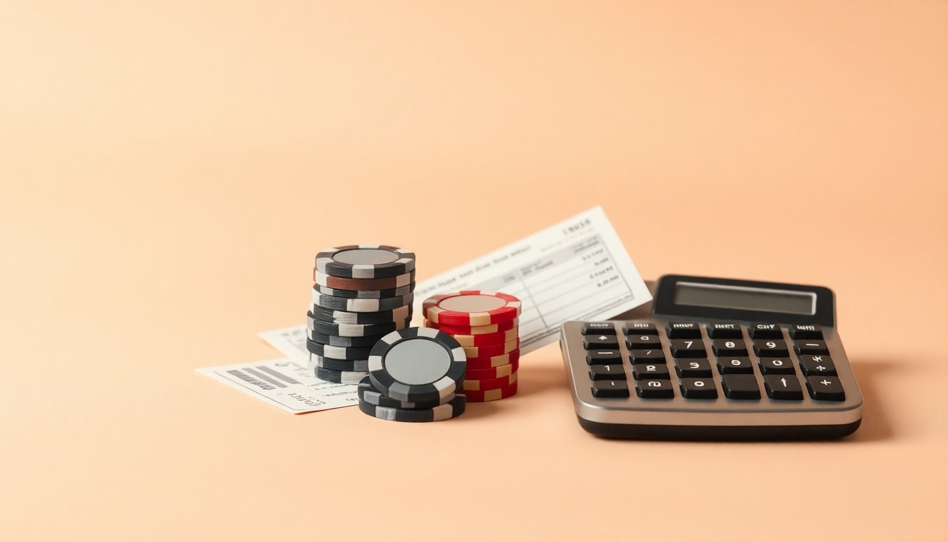 A photorealistic studio still life featuring a stack of casino chips, a sports betting ticket, and a calculator, arranged elegantly on a clean, monochromatic background to symbolize the abstract concepts of corporate strategy, finance, and risk in the sports betting industry.