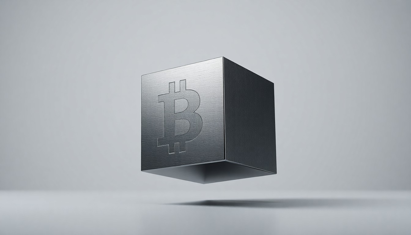 A polished, geometric metal cube floating on a clean, monochromatic background, with the Bitcoin logo subtly etched into one of its faces, conceptually representing the abstract nature of corporate finance and strategy.