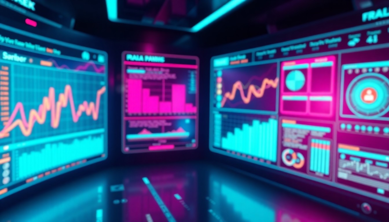 A highly detailed 3D illustration of a glowing, futuristic control panel or data visualization dashboard, bathed in neon cyan and magenta lights, conceptually representing the practical applications of AI for entrepreneurs and businesses.