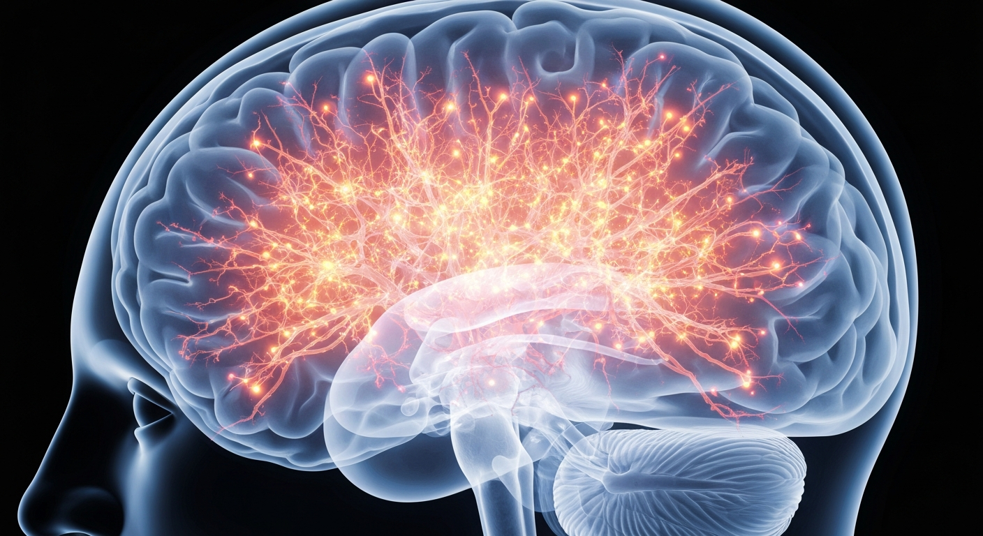 A ghostly, translucent X-ray photograph revealing the internal structures of the human brain, with glowing neural pathways and intricate details, conceptually representing the complex relationship between mental health and substance use disorders.
