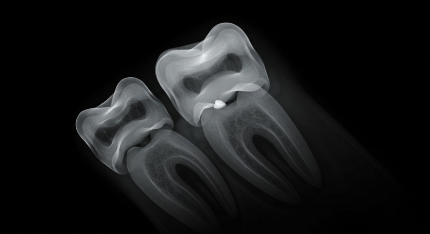 A translucent X-ray photograph of a human tooth, with the intricate internal structure glowing against a dark background, conceptually representing the clinical expertise and care provided by the dental professionals at Las Vegas Dental Group.