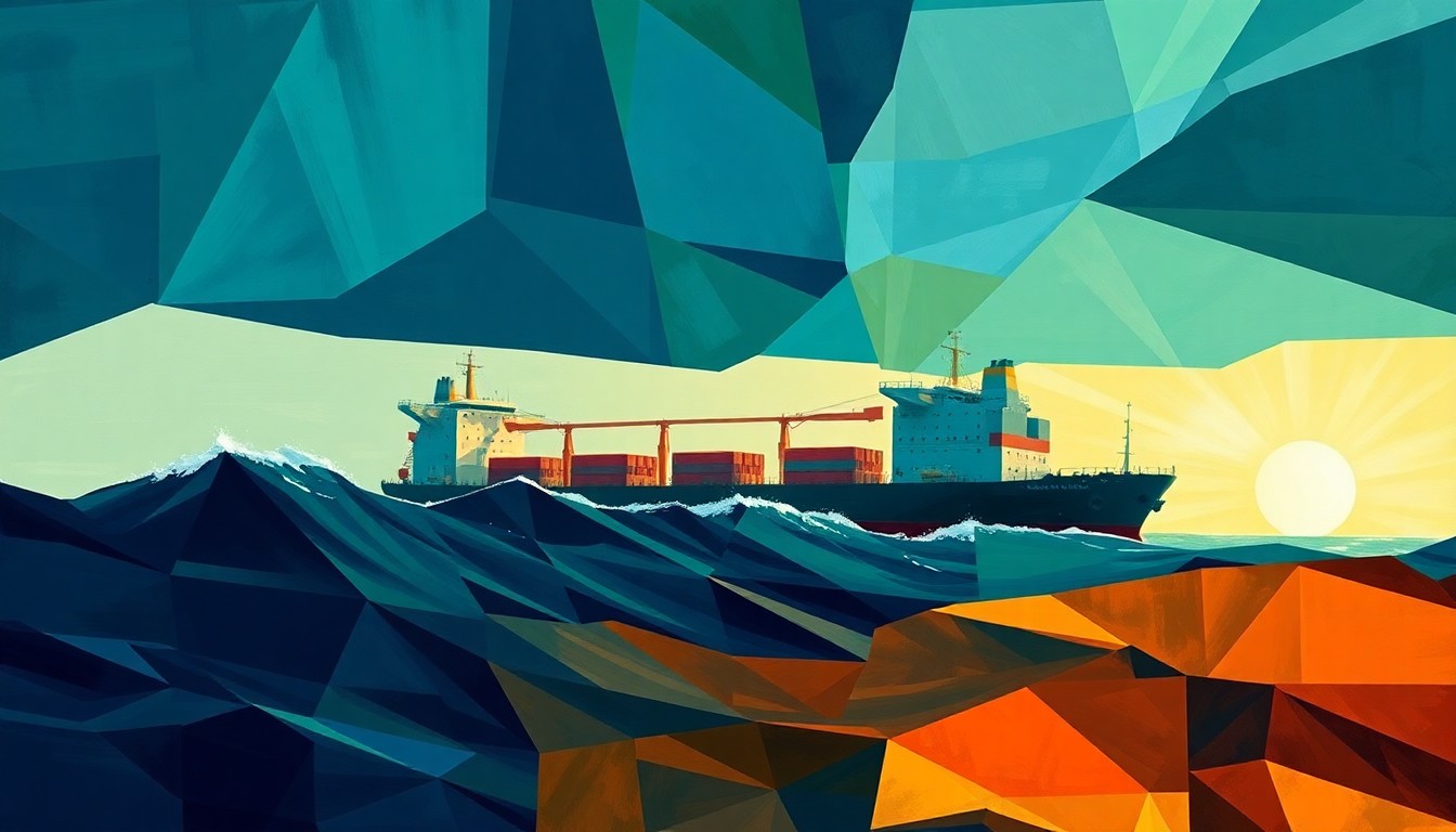 A dynamic, abstract painting of an oil tanker ship in the Strait of Hormuz, with overlapping geometric shapes and waves of deep blue, green, and orange colors conveying a sense of tension and disruption in the global energy supply.