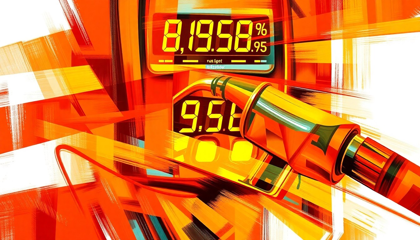 A vibrant, abstract painting of a gas pump handle and price display, with the elements fractured and repeated in overlapping geometric waves of bright red, orange, and yellow colors, conveying the high-energy frustration of consumers over rising fuel costs.