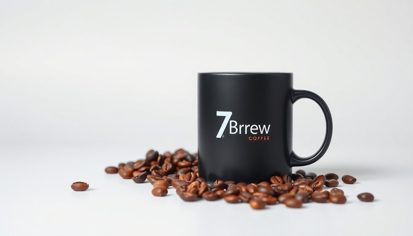 A high-end, photorealistic studio still-life photograph featuring a sleek, modern coffee mug, freshly roasted coffee beans, and a minimal, monochromatic background, conceptually representing the premium quality and attention to detail of the 7Brew Coffee brand.
