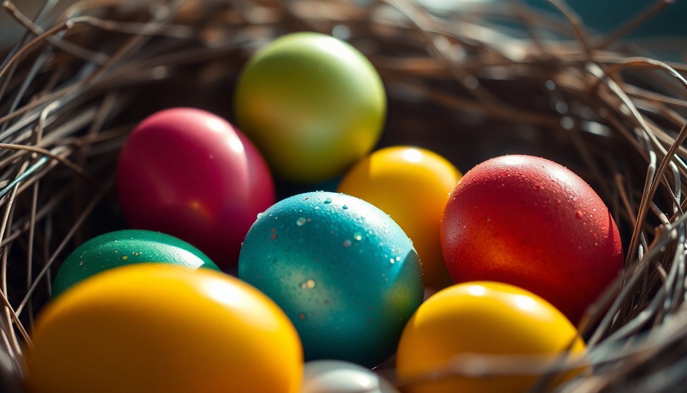 An extreme close-up photograph of colorful Easter egg shells nestled together, with dramatic high-contrast studio lighting creating a glamorous, high-fashion aesthetic through the use of texture and light.