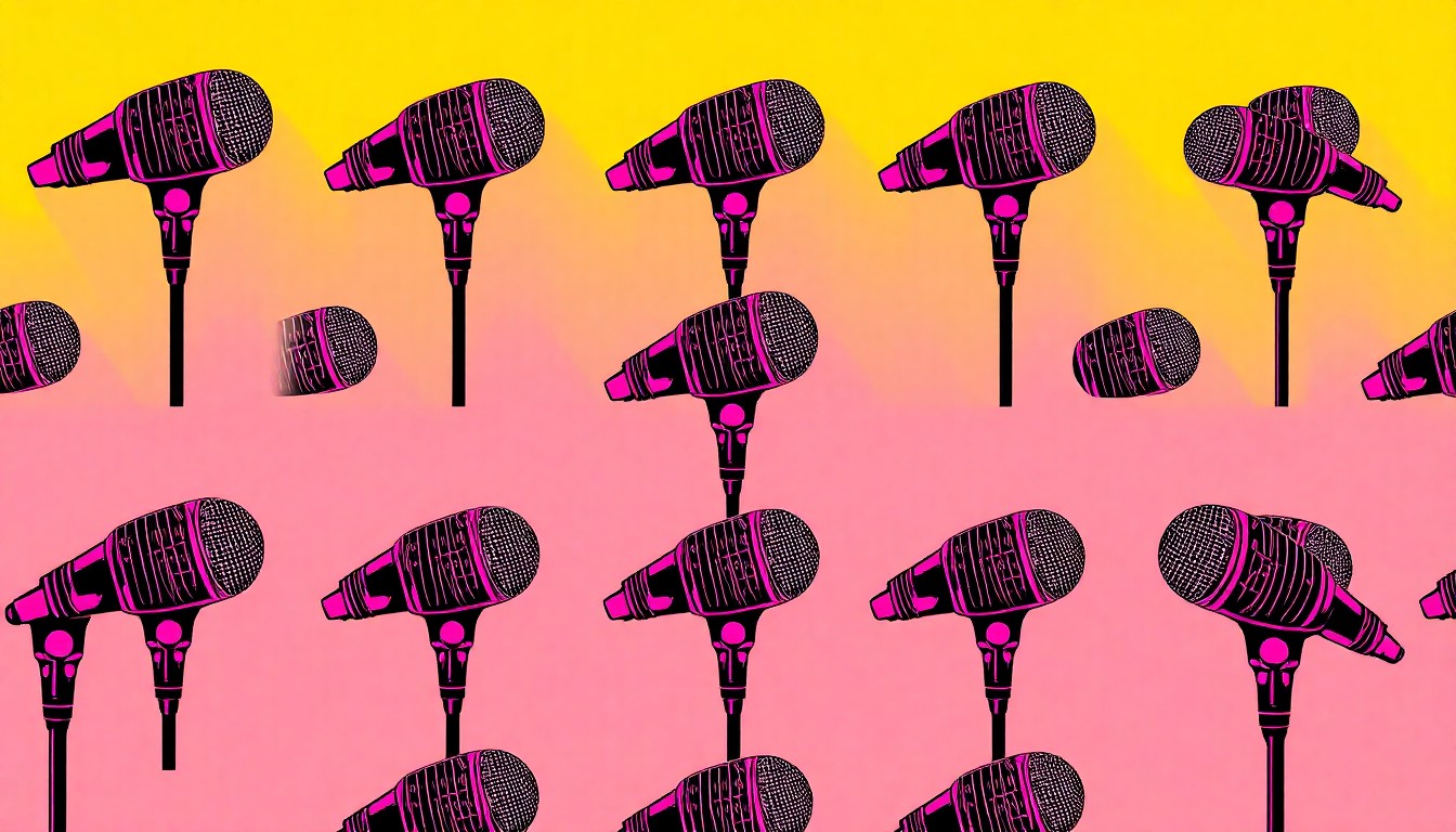 A bold, colorful silkscreen-style illustration featuring a repeated image of a choir microphone in a grid pattern, conceptually representing the loss of choral programs at Aiken middle schools.