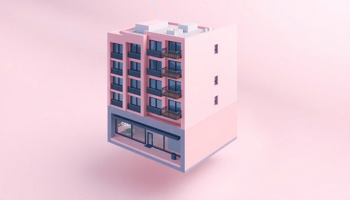 A miniature, stylized 3D illustration of a four-story mixed-use building with retail space on the ground floor and residential units above, rendered in a clean, modern isometric style with bold colors and soft lighting, conceptually representing a new development project in the Pilsen neighborhood.