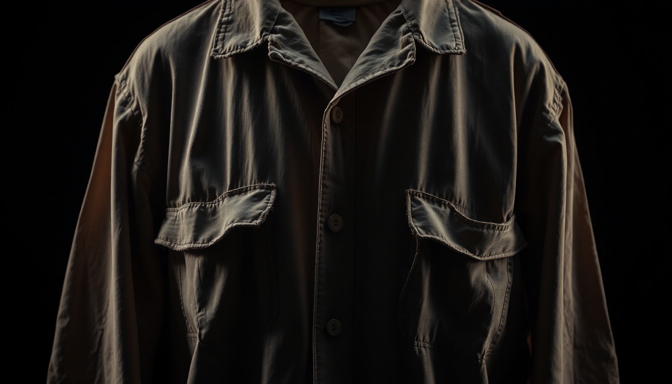 An extreme close-up of a tattered, faded prison uniform, the fabric's texture and worn appearance conveying the somber, gritty reality of life on death row.