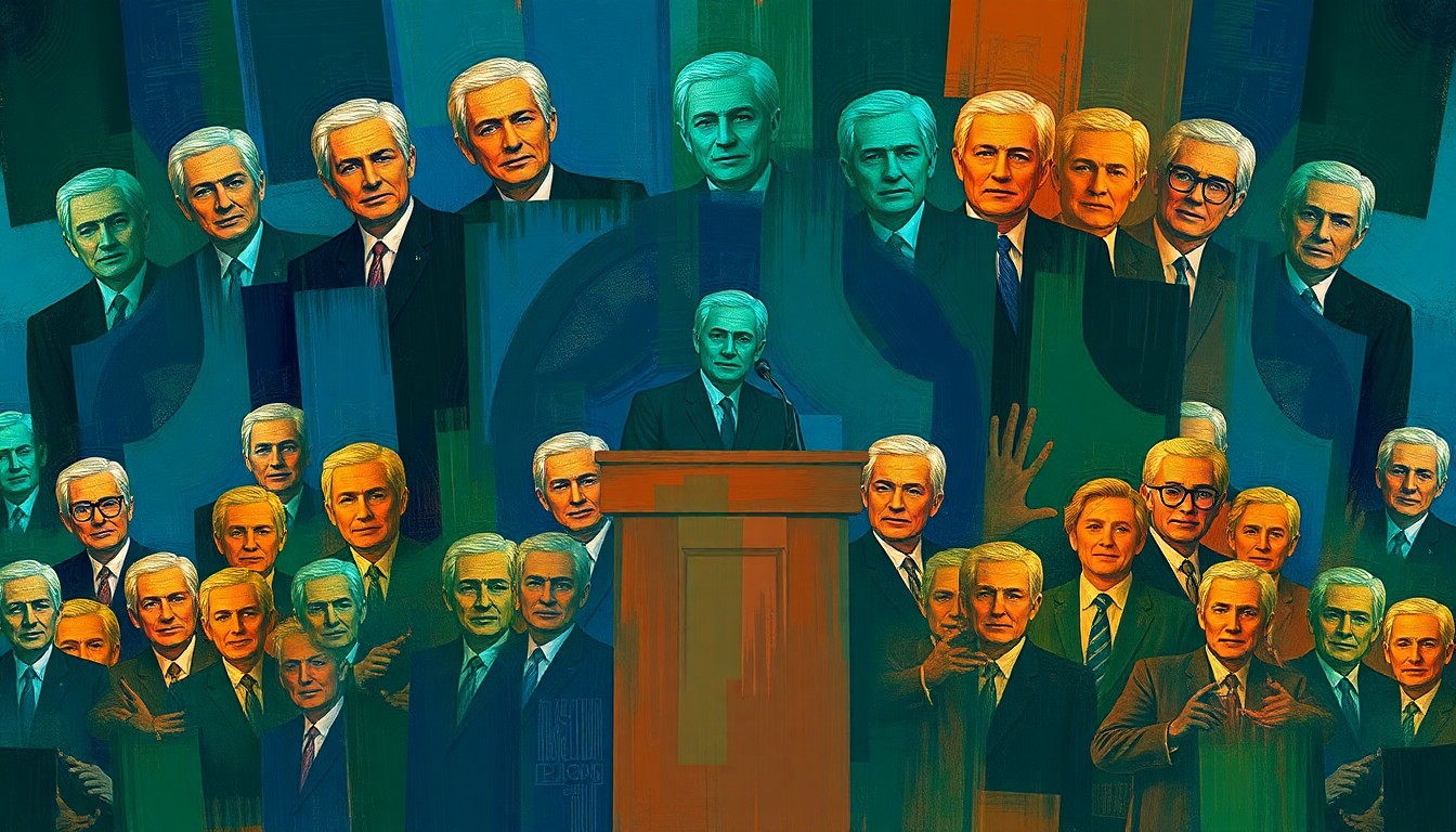 A vibrant, abstract painting of a political podium or lectern, with the image fragmented and repeated in overlapping geometric shapes in shades of blue, green, and orange, conveying a sense of motion and energy.