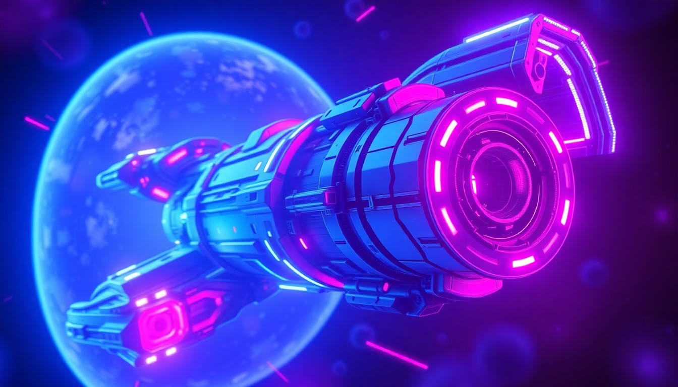 A highly detailed, glowing 3D illustration of a futuristic spacecraft or space station, featuring sleek lines, angular shapes, and vibrant neon colors that evoke the advanced technology and sci-fi setting of the Starfield game.