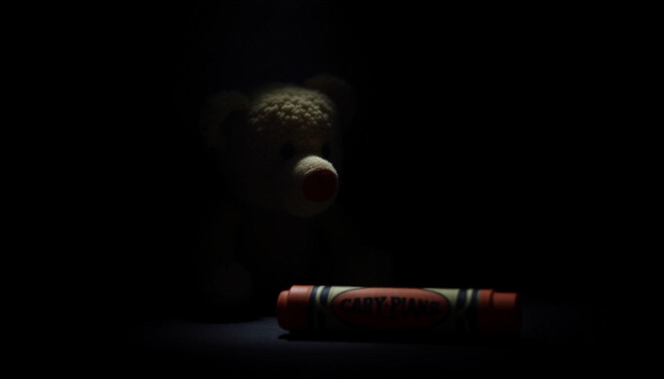 An extreme close-up photograph of a broken crayon against a pitch-black background, conceptually representing the violation of trust and the fragility of childhood innocence.