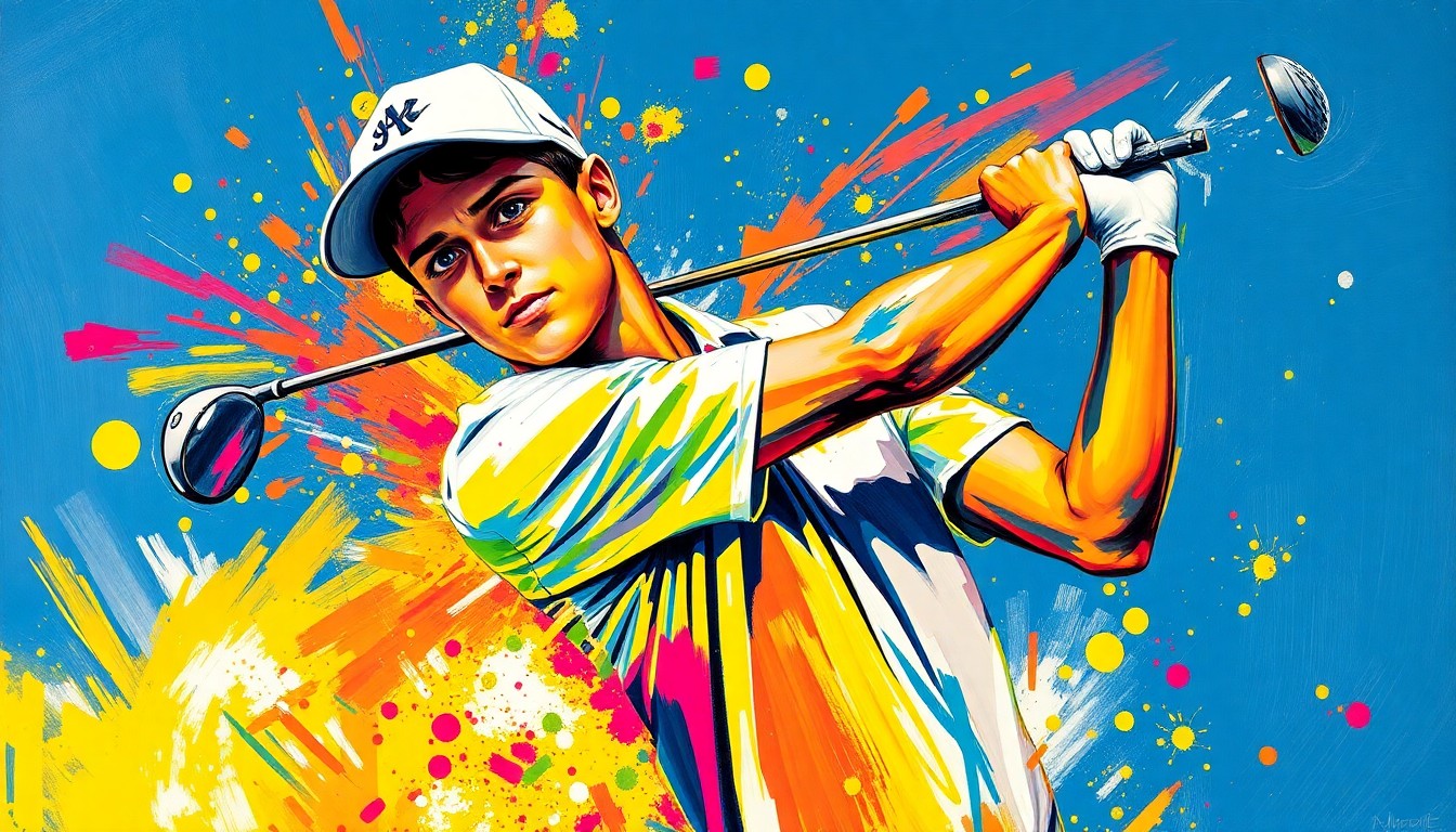 An abstract, expressionist painting featuring bold, neon-colored brushstrokes that convey the dynamic motion and energy of a high school golfer in action, with the player's face and details blurred into an abstract, vibrant composition.