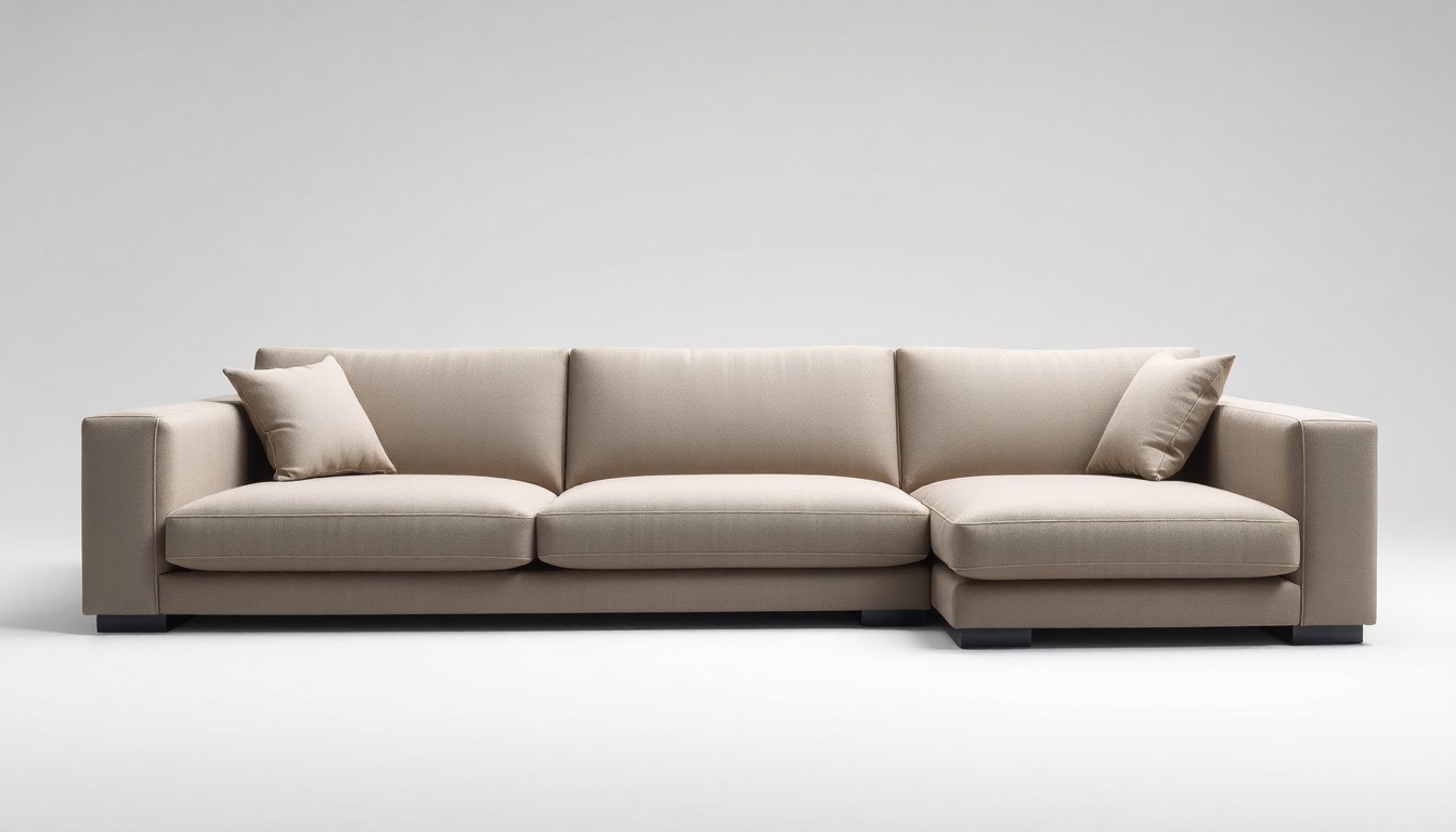 A high-end, photorealistic studio still-life photograph of a sleek, modular 7th Avenue sofa in a neutral color palette, arranged elegantly on a clean, monochromatic background with dramatic lighting and shadows, conceptually representing the brand's focus on modern design and quality craftsmanship.