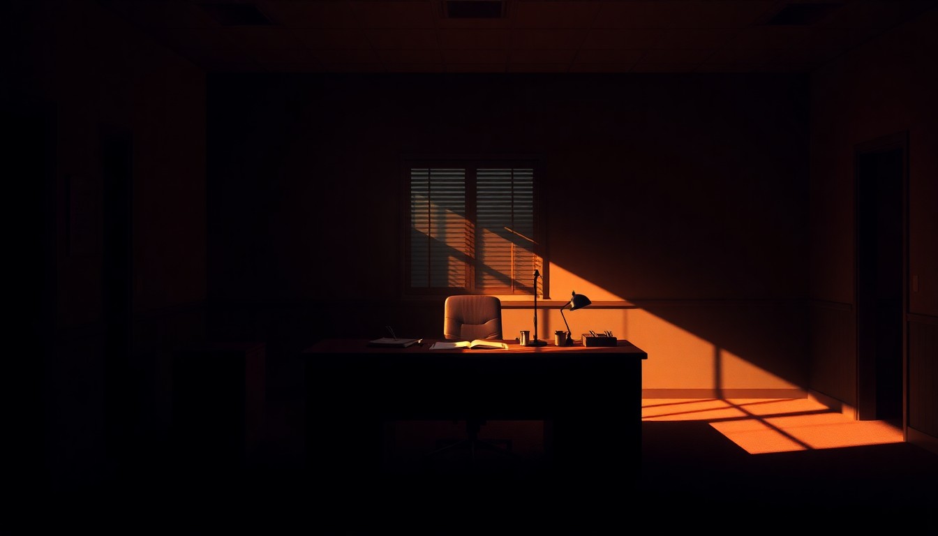 A serene, photorealistic painting of an empty state auditor's office desk, with warm sunlight streaming in through a window and casting deep shadows across the surface. The scene conveys a sense of quiet contemplation and the weight of the political process.