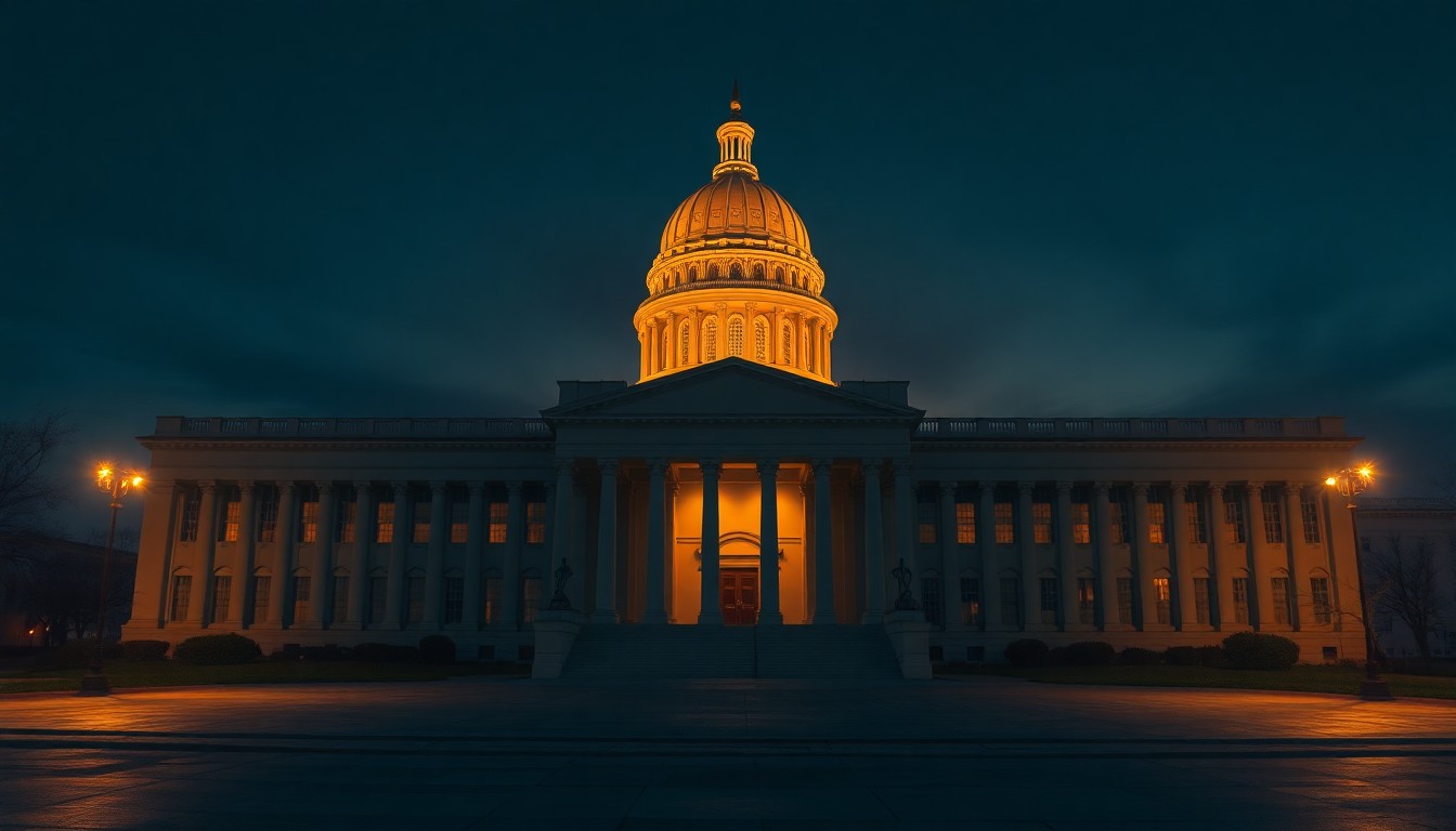 A cinematic painting of a state capitol building at dusk, with warm golden light and long shadows creating a sense of political nostalgia and solemnity.
