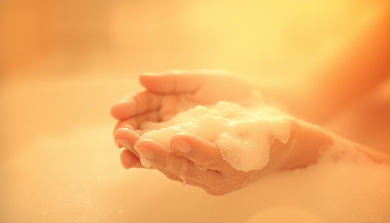 An extremely abstracted, out-of-focus photograph in warm, hazy tones depicting a person's hands lathering up with soap or body wash, capturing the relaxing, sensorial experience of bathing.