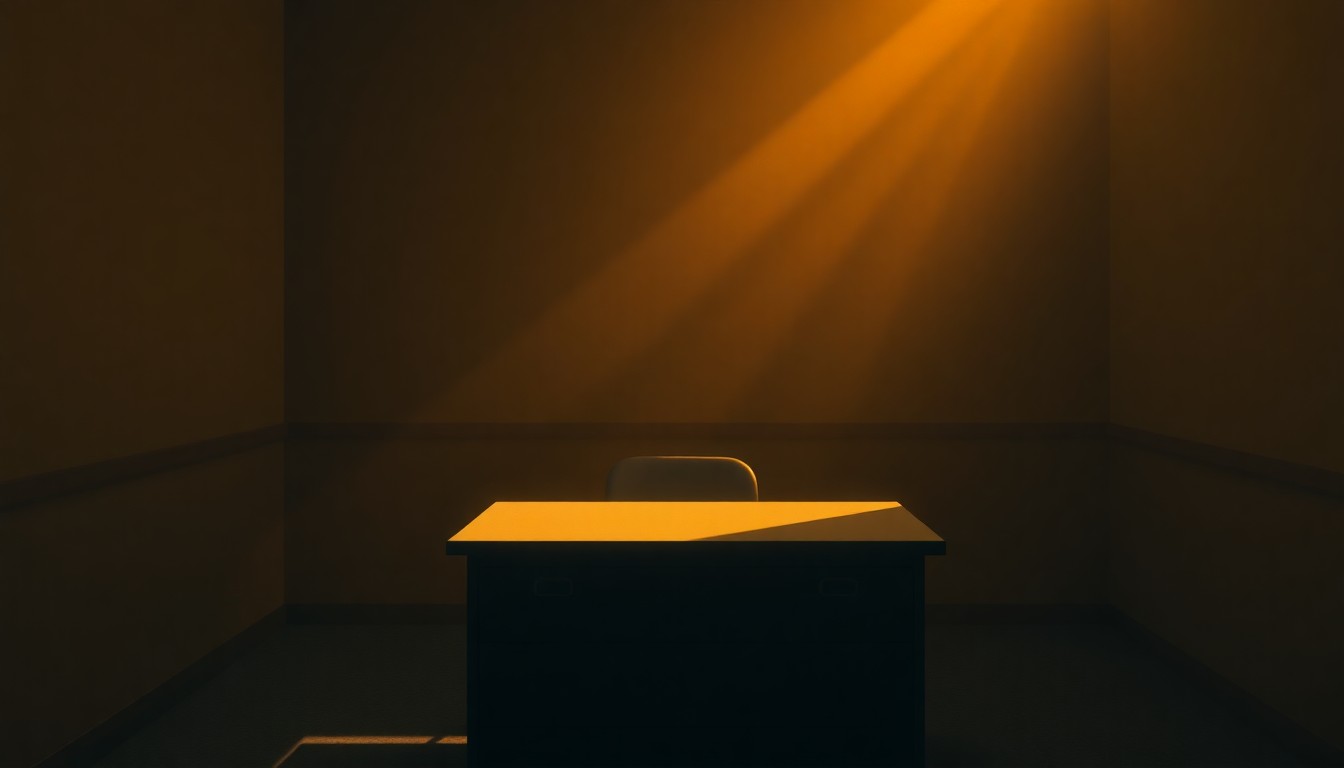 A serene, photorealistic painting of a government office desk or filing cabinet in a dimly lit room, with warm sunlight streaming in through a window and casting deep shadows across the scene, conveying a sense of quiet contemplation and the importance of vigilance against fraud.