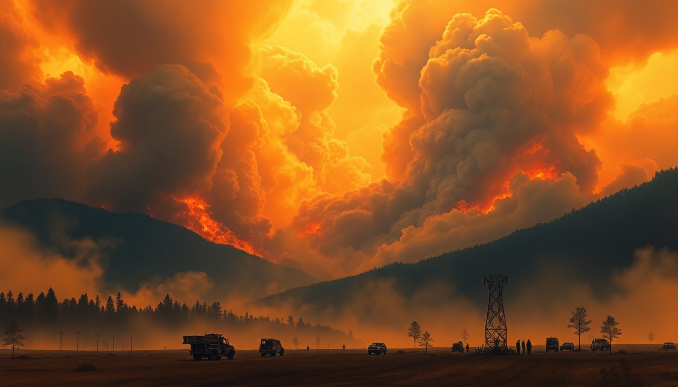 A sweeping, atmospheric landscape painting depicting a raging wildfire in the distance, with the silhouettes of firefighting vehicles and equipment barely visible through the thick, billowing smoke. The scene conveys a sense of the overwhelming scale and power of the natural disaster, with the human elements dwarfed by the natural elements.